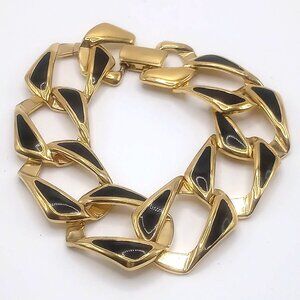 Napier Signed Bracelet Gold-Tone Black Enamel Art Deco Link Chain Style 7" Long